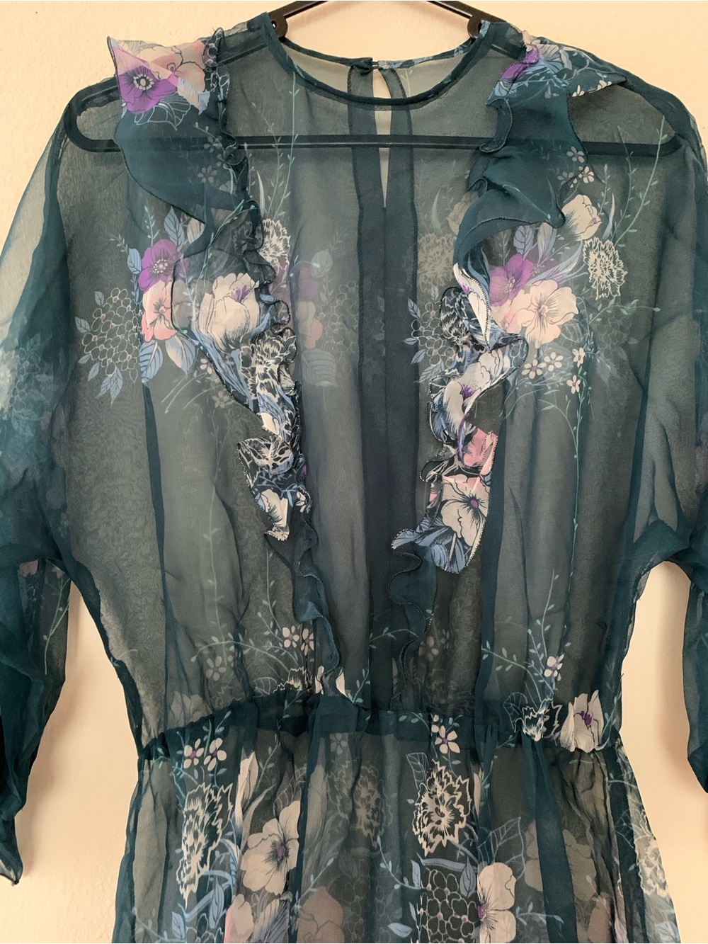 Sheer, Silk, Teal Dress with Ruffles & Flowers - Picture 3 of 8